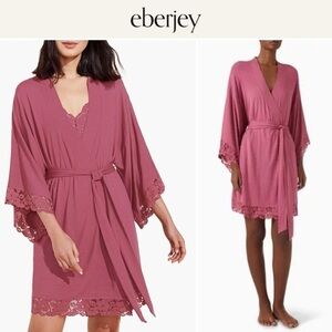 Eberjey Naya Lace Trim Jersey Knit Robe in Pink Raspberry sz XL NWT 148$